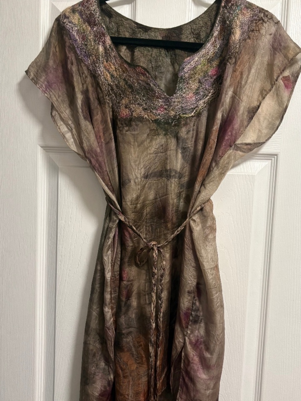 NWOT handmade BotanicalDyed Silk Tunic Top- Nuno Felted Collar Detail Size XL-L